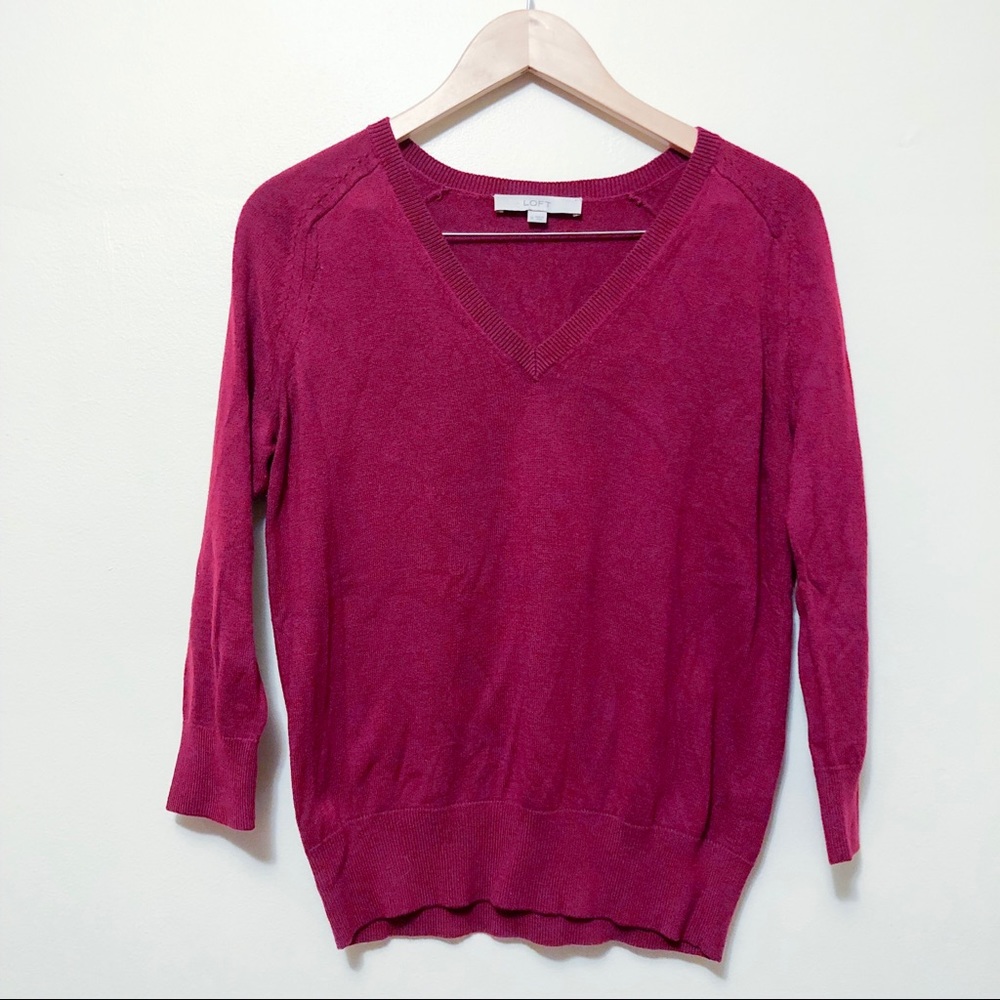 loft | red crop sleeve v-neck sweater medium
